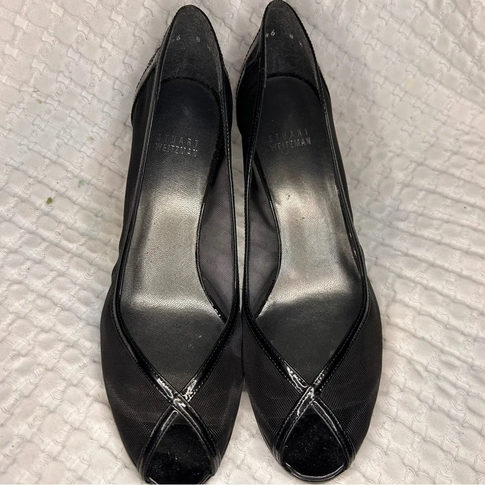 Stuart Weitzman Black Mesh & Patent Leather‎ Peep Toe Heels | Size 8.5